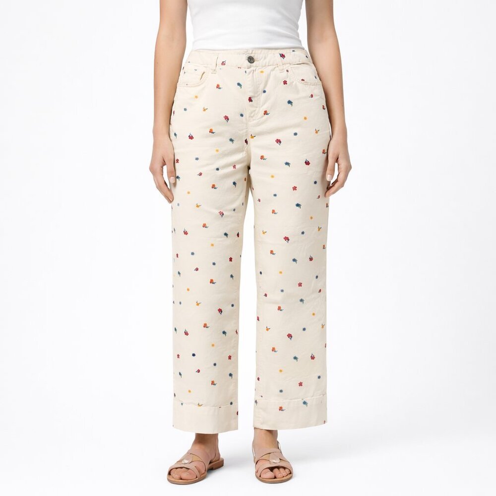 NEW Denim & Co Floral Print Straight Leg Cotton  Pants Cream